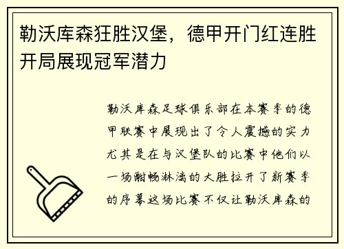 勒沃库森狂胜汉堡，德甲开门红连胜开局展现冠军潜力